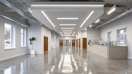 Naklejka premium Minimalist 3D printing lab inside converted warehouse with clean white walls, polished concrete floor, array of industrial-grade printers on metal racks, overhead cable trays, glass divider