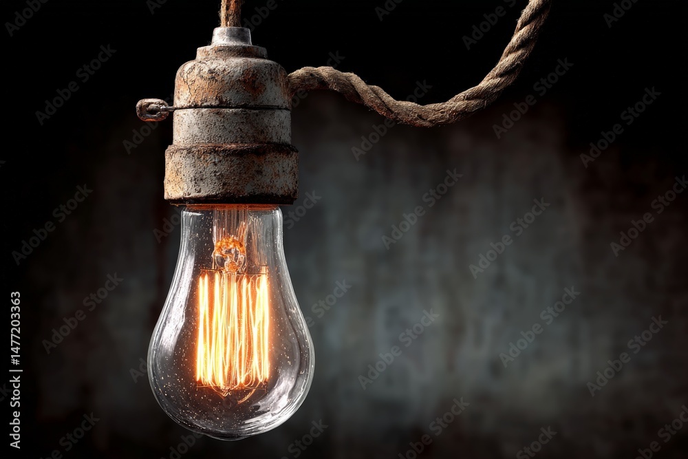 Aufkleber Vintage light bulb hanging from a rustic fixture in a dimly lit environment showcasing warm illumination