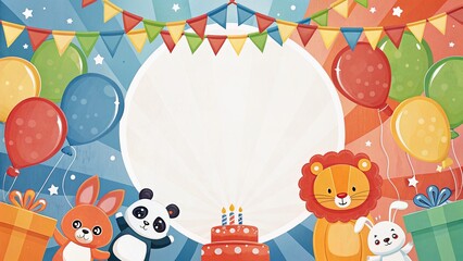 Colorful Birthday Party Frame With Balloons and Cute Animal Decorations