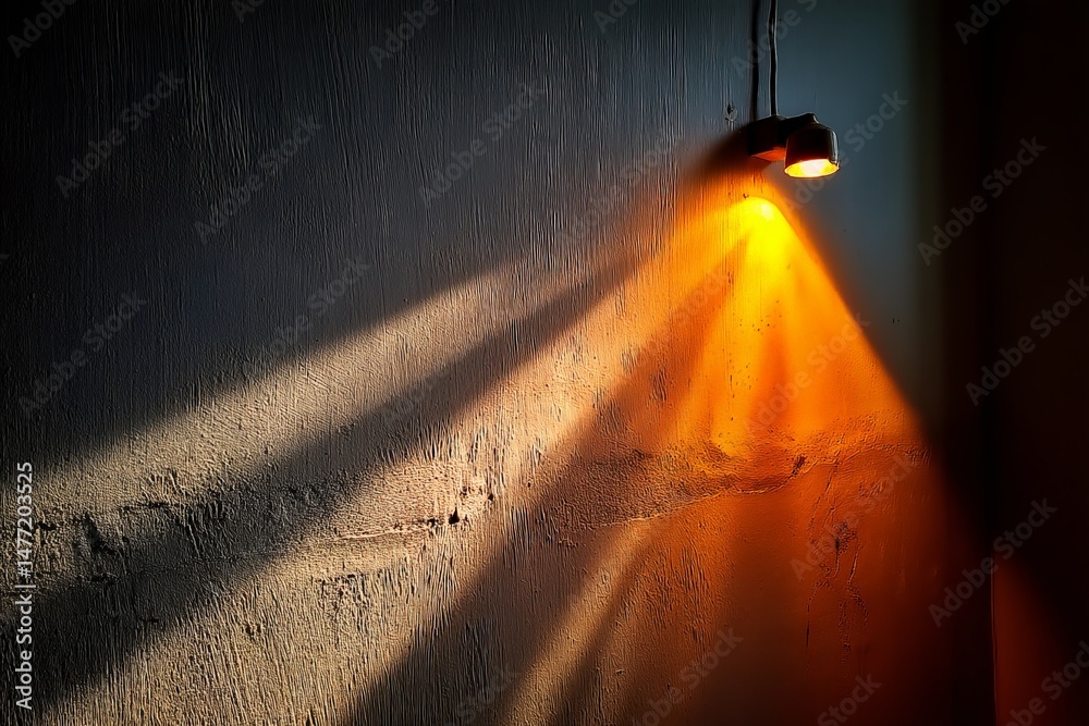 Aufkleber warm light casts dramatic shadows on a textured wall in an indoor setting during evening hours