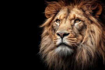 Fototapeta premium Majestic lion facing left with intense gaze against black background in a close-up portrait