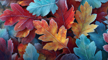 first frost on autumn leaves