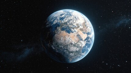 Planet earth view from space with visible continents oceans and starry background.