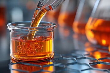 Vibrant orange liquid being poured into a glass jar in a laboratory setting during the day