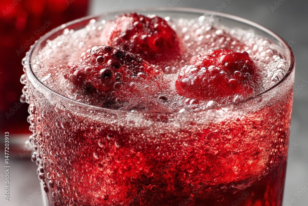 Poster refreshing berry soda served in sparkling glass with raspberries on a summer afternoon