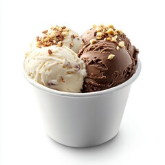 Three scoops of ice cream, vanilla and chocolate, topped with nuts, in a white paper cup