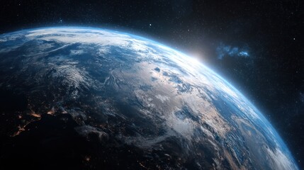 Earth from space showing clouds continents and sunrise or sunset light effect.