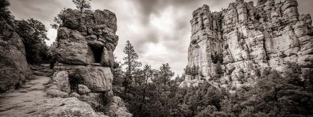 Dramatic rocky formations pierce a cloudy sky.  Massive, sculpted rock structures rise amidst a dense forest.  A path winds through the base of the towering formations