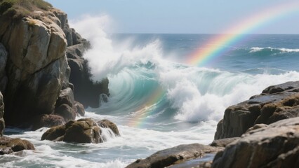 Fototapeta premium Powerful ocean waves crashing against rocky cliffs with a rainbow