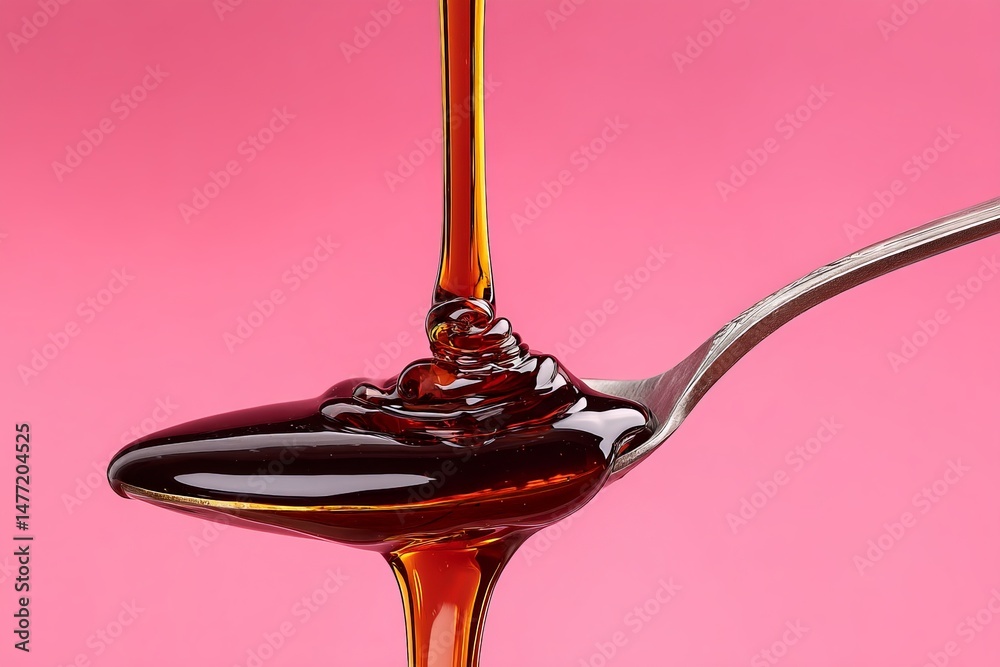 Poster honey drizzling from a spoon against a bright pink background in a vibrant culinary display