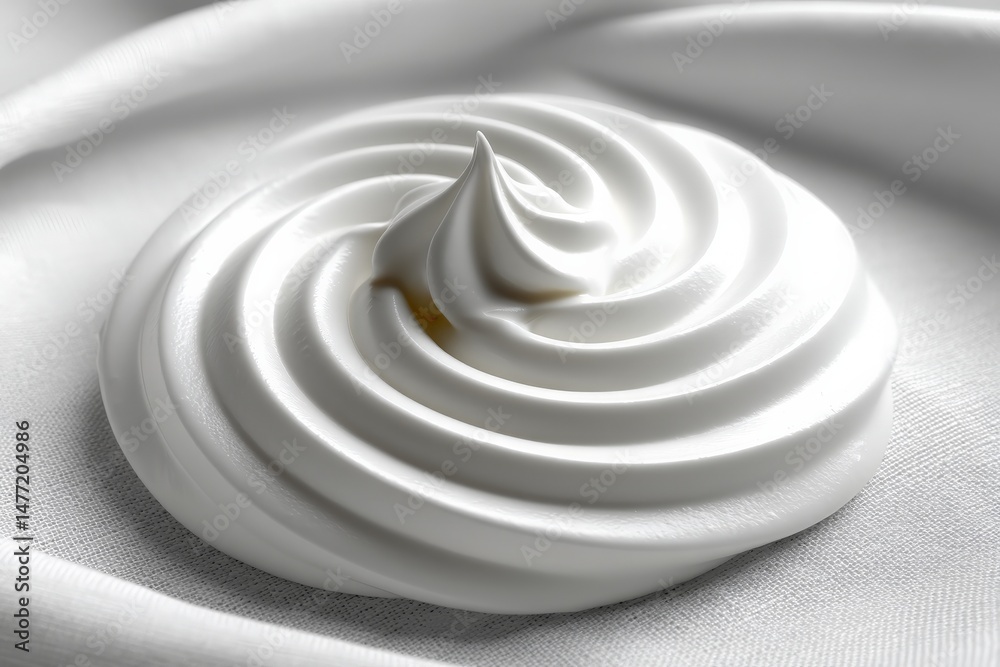 Poster whipped cream swirl topped with a glossy peak on a white cloth in a cozy dining setting