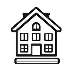 Simple Black And White Line Drawing Of A Two-story House With A Front Door Windows A Roof And A Porch