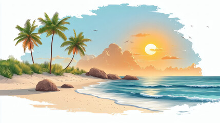 Obraz premium Tropical beach scene with palm trees ocean and sunset illustration