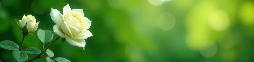 Delicate white roses, lush green foliage, soft blurred backdrop , petal, green