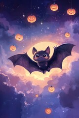 Cute Bat Flying with Pumpkins Against Starry Night Sky