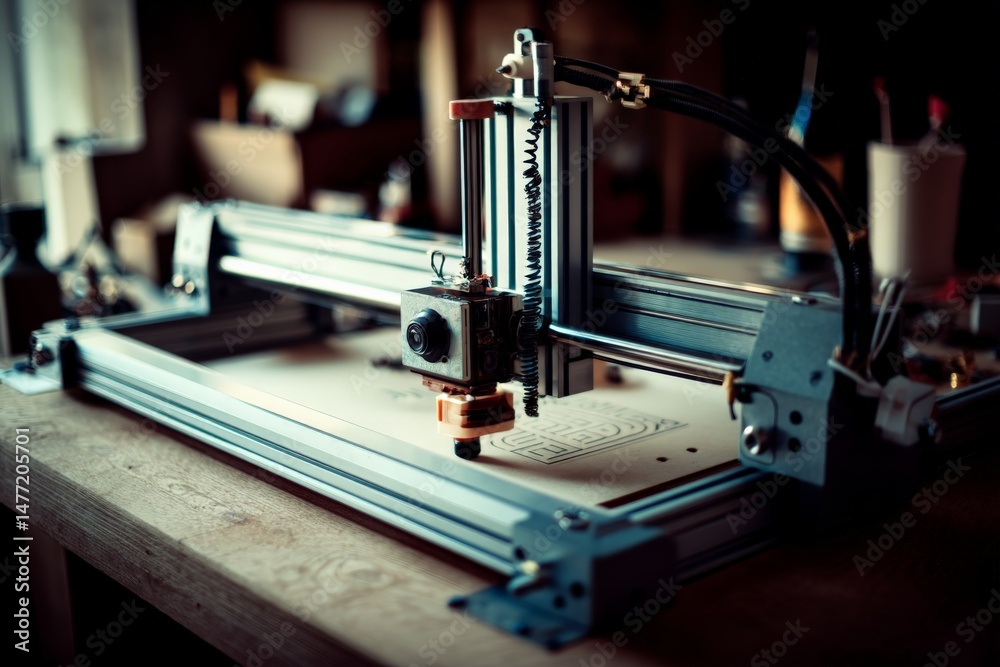 Poster detailed view of a laser engraving machine in a workshop during late afternoon