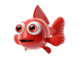 Playful red cartoon fish character with googly eyes in 3d rendering isolated on white background