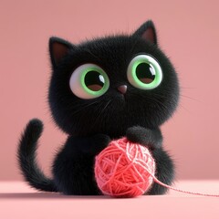 Adorable fluffy black kitten with big eyes playing with yarn