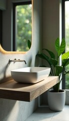 Fototapeta premium Floating vanity, minimalist basin, wall tap, greenery , plant, style