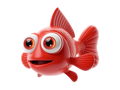 Playful red cartoon fish character with googly eyes in 3d rendering isolated on white background