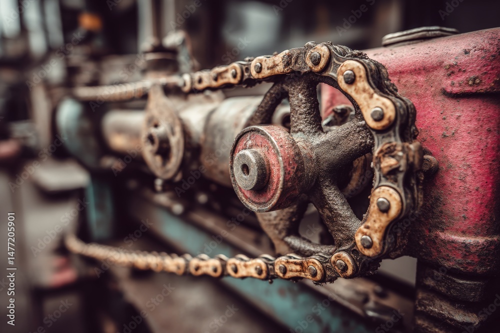 Poster Close-up of an old machine's rusted gears and chain in a workshop setting during the day