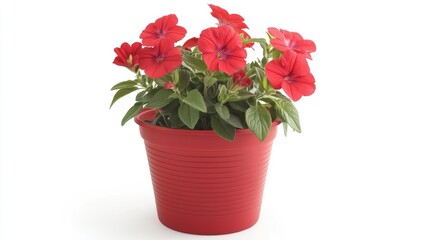 A flower pot in vivid red holding blooming red flowers, isolated with clarity on white