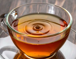 Close-up of a tea drop falling into a glass cup, creating ripples on the amber liquid.  Perfect for tea, beverage, or relaxation themes.