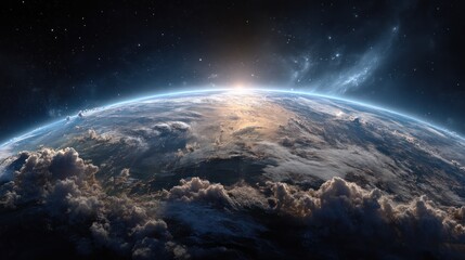 Planet with clouds and sunlight in space digital art illustration.