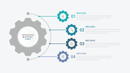 infographic 4 point stage template with gear shape on half circle direction vertical direction for slide presentation vector