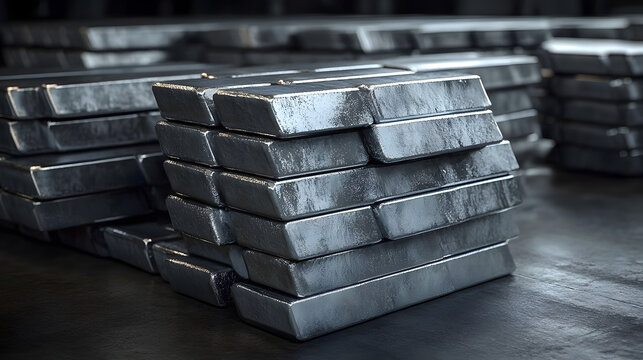 Stacked beryllium metal ingots. Industrial metalworking, scientific alloy bars. Production material, solid element. Advanced manufacturing, chemical resource, tech and engineering.