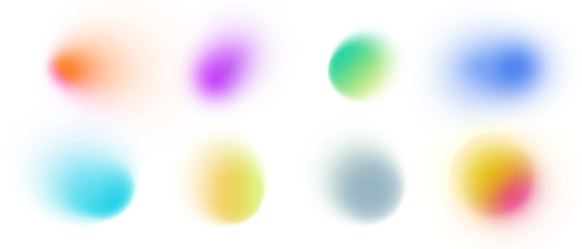 Gradient abstract background with vibrant colors blue, green, yellow, pink and red. Soft blur neon glow grainy texture. Fluid iridescent shapes with translucent modern geometric patterns.