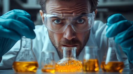 Scientist carefully examining chemical reaction in laboratory beakers