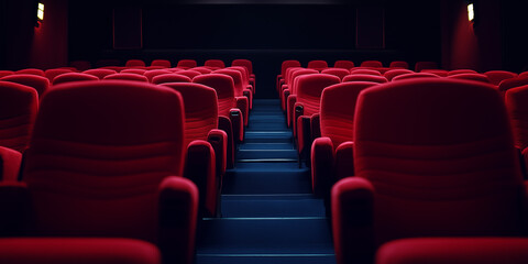 Fototapeta premium 上映を待つ赤い座席が静かに並ぶ映画館の室内。物語の始まりを待つような期待感と、映画館ならではの非日常的な空気感を表現した一枚です。
