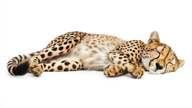 Cheetah sleeping on its side with relaxed posture and tail curled gently, set against a clean white background
