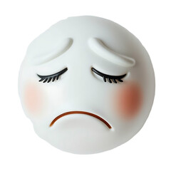 Isolated whimsical white orb with downcast eyes and blushed cheeks expressing sadness on transparent