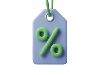 3d rendered green percentage sign on a light blue price tag representing discounts and promotions