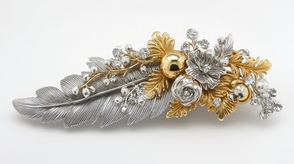 Close angle of a metallic feather brooch featuring fine textures and mixed metals on white