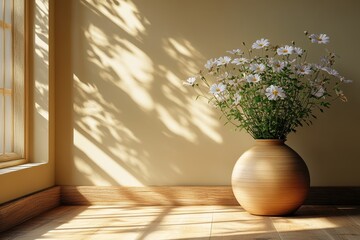 Fototapeta premium Elegant flower arrangement in a ceramic vase casting soft shadows in a sunny room