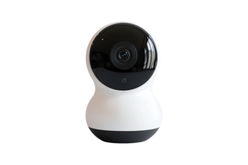 Modern security camera.  Small, round, white device with black accents.  Clear lens