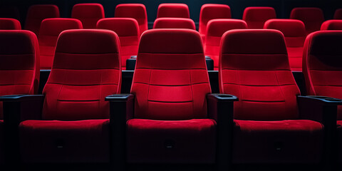 Obraz premium 上映を待つ赤い座席が静かに並ぶ映画館の室内。物語の始まりを待つような期待感と、映画館ならではの非日常的な空気感を表現した一枚です。