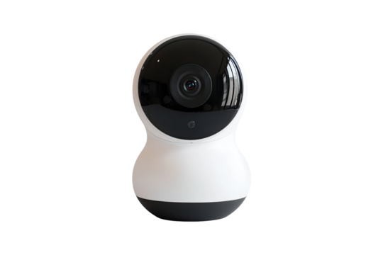 Modern security camera.  Small, round, white device with black accents.  Clear lens