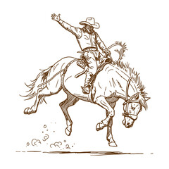 Vintage Style Cowboy Illustration Riding a Powerful Bucking Bronco Horse in a Classic Rodeo Action Scene

