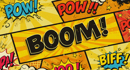 A vibrant background graphic featuring multiple comic book panels filled with bold onomatopoeia like "BOOM!", "POW!", "BIFF!", "PA!", "HOO!", and "BOO!", rendered in pop art
