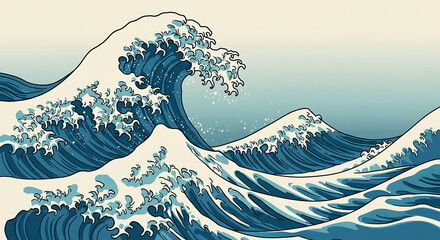 An illustration capturing the dramatic essence of Hokusai's iconic Japanese ukiyo-e woodblock print, "The Great Wave off Kanagawa," featuring dynamic blue and white waves 