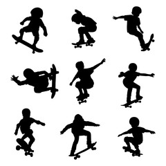 silhouette kid play skateboard simple design collection