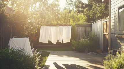 朝のやわらかな日差しの中、庭に干された洗濯物がそよぐ穏やかな光景。日々の暮らしの美しさや、自然とともにある生活を描いたイメージです。