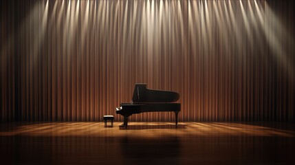 Obraz premium Dramatically lit grand piano casting soft reflections on a glossy wooden stage