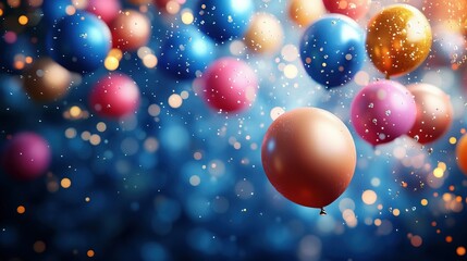 3D Floating Balloons with Bokeh Lights and Sparkles for Birthday Background, High-Resolution Photography for Digital Invitations and Festive Marketing

