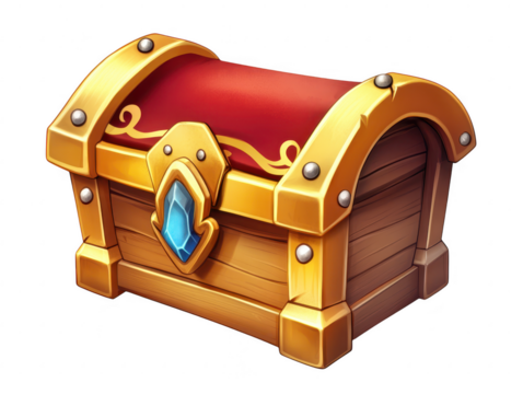Treasure chest with red velvet and blue gem isolated on transparent background