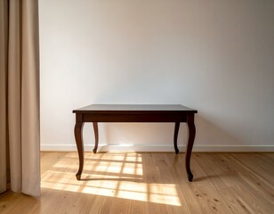 Minimalist interior design. Wooden table against a white wall, sunlight streaming through a window.  Beige curtain in the corner.